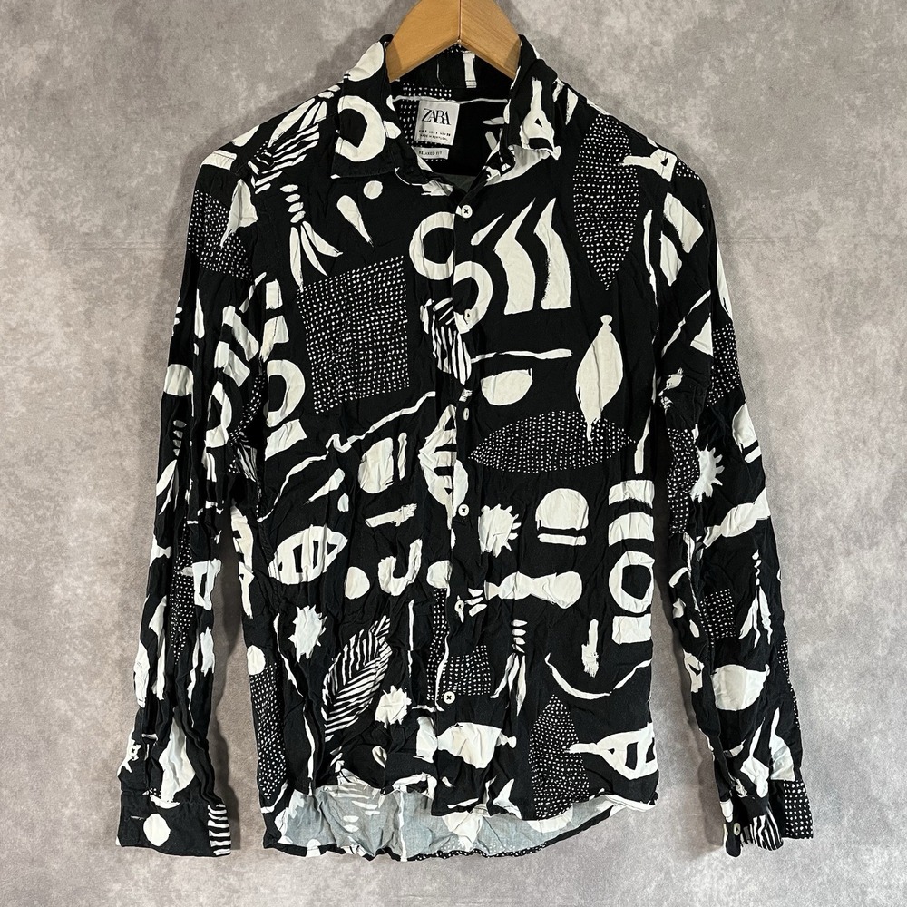 Zara Button Down Shirt Womens Small Black White Abstract Relaxed Fit Long Sleeve